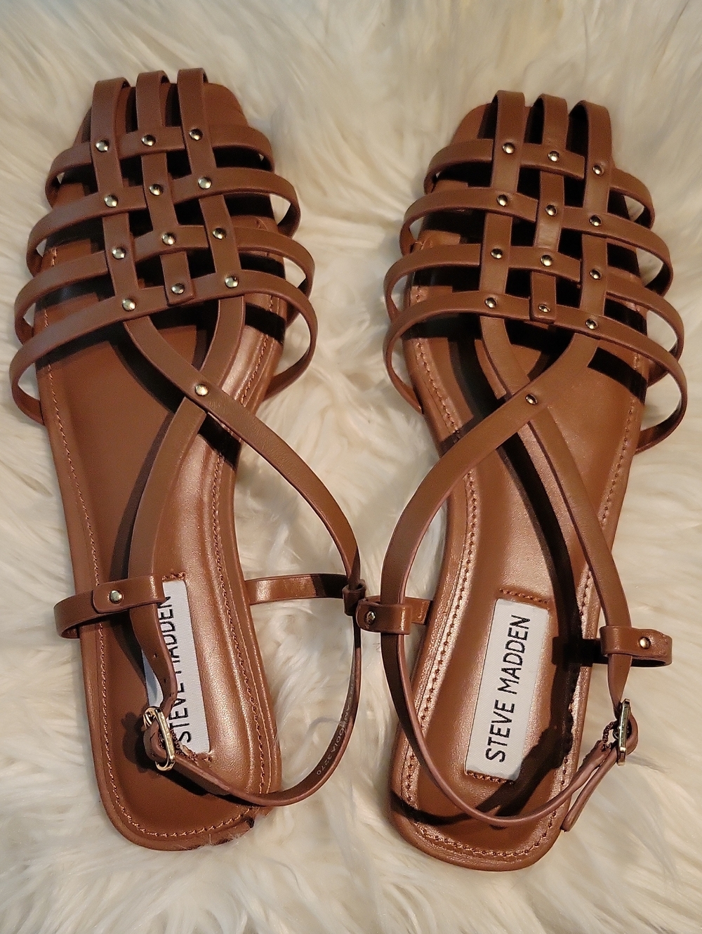 Steve Madden Tan Woven Studded Strappy Sandals